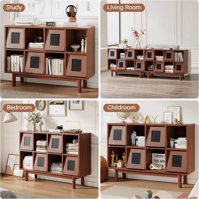 Solid Wood 8 Cube Storage Organizer, Horizontal Bookshelf with Storage, 2 Shelf Bookcase with Glass Doors TV Stand Bookshelf, Small Book Shelf for Kids Rooms, Bedroom, Living Room, Offices (47.2 Wide)