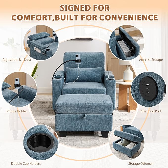 Oversized Chaise Lounge Chair Indoor, Single Convertible Recliner Reading Arm Sofa Chair W/Adjustable Backrest & Charging Port Couch Bed for Living Room, Home Theater & Bedroom, Blue