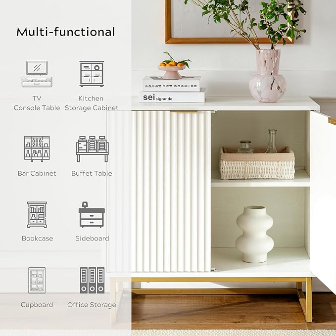 Fluted Storage Cabinets Set of 3, Sideboard Buffet Cabinet Modern Accent Cabinet with Adjustable Shelves, Credenza, Console Table Entryway Cabinets for Living Room, White