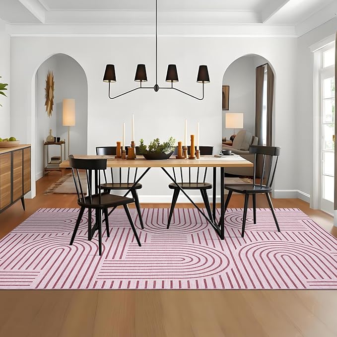 Washable Rug 8x10 Area Rugs for Living Room, Abstract Rug for Bedroom, Soft Rainbow Non Slip Throw Rugs with Rubber Back, Low Pile Stain Resistant Boho Geometric Carpet for Dining Room, Pink