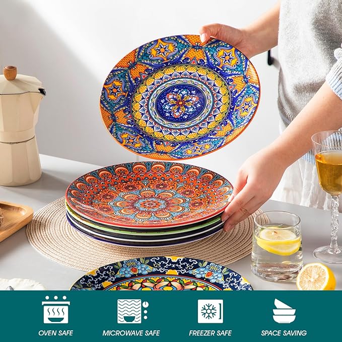vancasso Colorful Dinner Plates Set of 6, 10.5 Inch Ceramic Kitchen Plates for Dinner, Bohemian Printed Dishes for Dining, Microwave & Dishwasher Safe Plate Set, Series KRVI