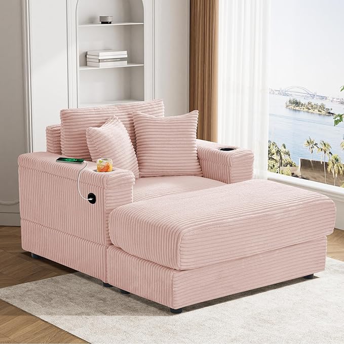 Oversized Chaise Lounge Chair Indoor with Adjustable Backrest, USB, Cup Holder & Ottoman, Firm Solid Wood Frame with Long Service Life Corduroy Oversized Lounge Reading Chair for Study Room - Pink