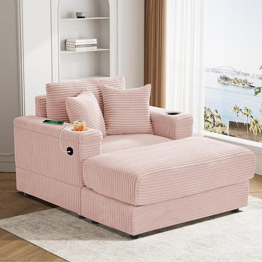 Oversized Chaise Lounge Chair Indoor with Adjustable Backrest, USB, Cup Holder & Ottoman, Firm Solid Wood Frame with Long Service Life Corduroy Oversized Lounge Reading Chair for Study Room - Pink