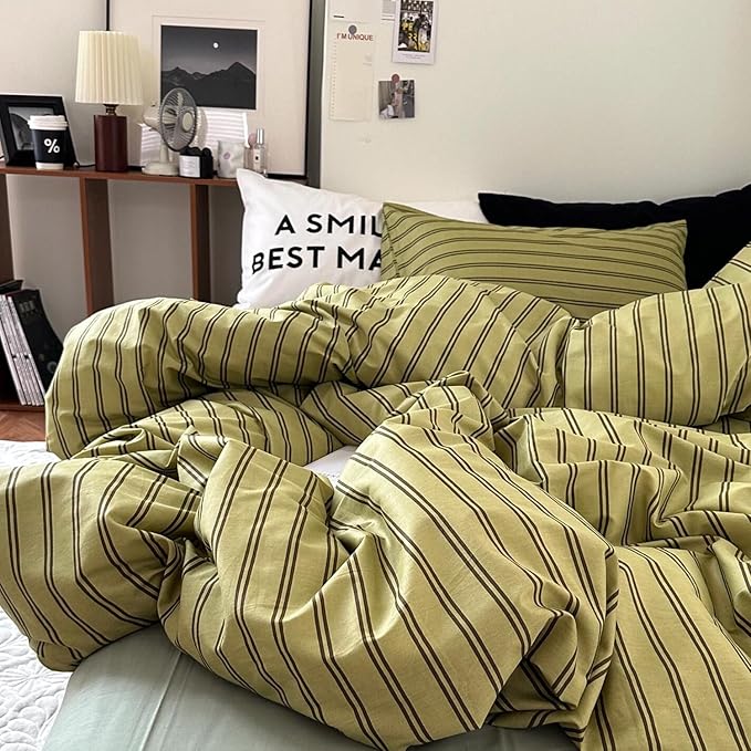 mixinni Vintage Stripes Duvet Cover Set Full - 3-Piece Mid-Century Cotton Olive & Taupe Striped Bedding, Soft Breathable All-Season Comforter Cover with Zipper Closure & Corner Ties-Full Size