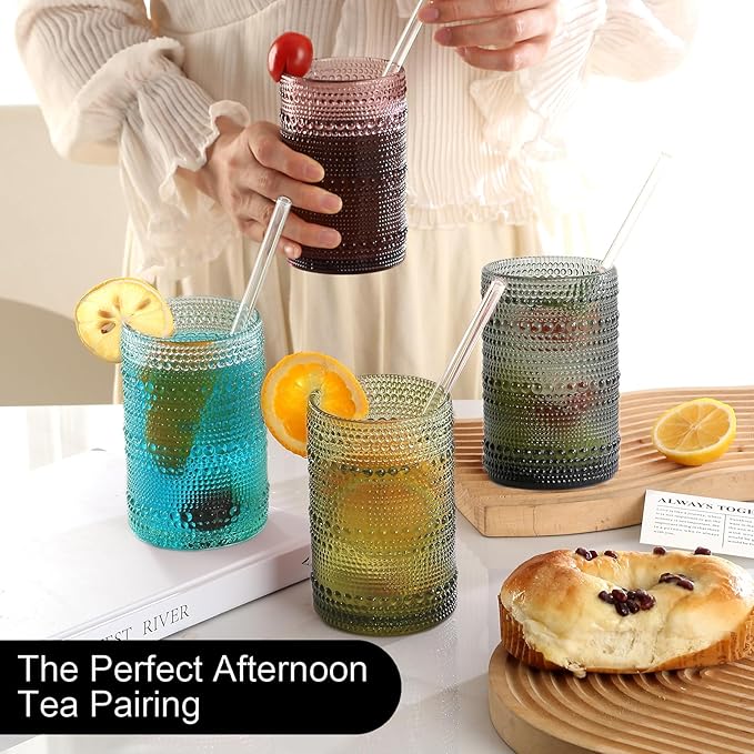 Colored Hobnail Drinking Glasses Set of 12, 15oz&12oz Kitchen Vintage Glassware, Embossed Beaded Water Tumbler for Cocktail, Juice and Various Mixed Drinks Dishwasher-Safe