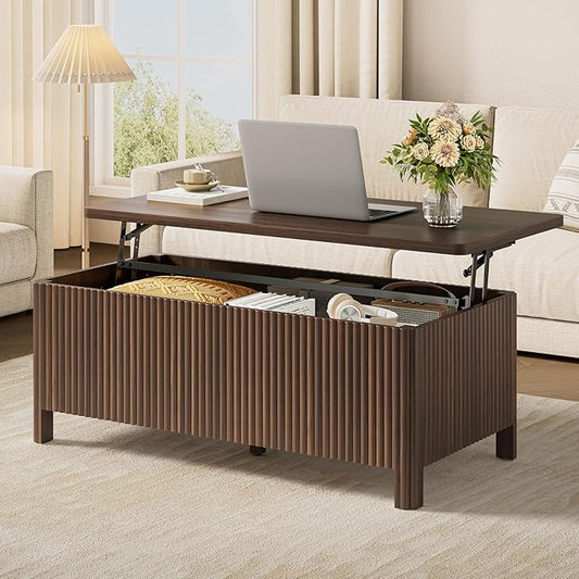 ONBRILL Fluted Lift Top Coffee Table with Storage, Mid Century Modern Coffee Table with Hidden Compartment, Rising Top Wood Center Table for Living Room, Home Office, Rounded Edges (Walnut)