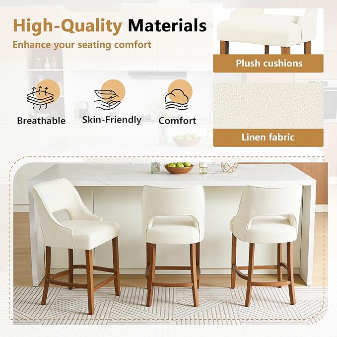 ClinQ Bar Stools Set of 6, 26" H Counter Height Bar Stools with Backs, Modern Upholstered Accent Barstools with Curved Footrest for Kitchen Island, Dining Room and Bar, Beige-Walnut Legs