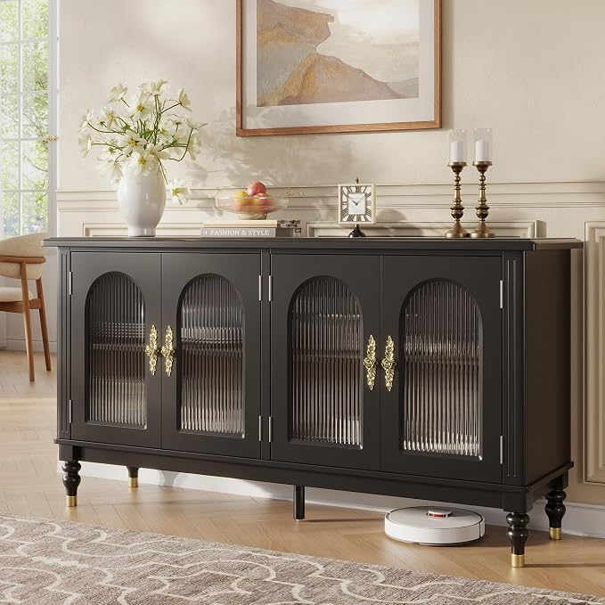 iPormis Fluted Arched Buffet Cabinet Set of 2, 59" Modern Sideboard with Glass Door & Adjustable Shelves, Mid Century Modern Solid Wood Credenza Accent Cabinet for Living Room, Entryway, Black