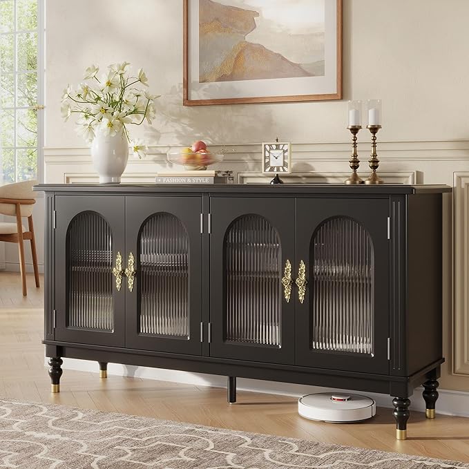 iPormis Fluted Arched Buffet Cabinet with Storage, 59" Modern Sideboard with Glass Door & Adjustable Shelves, Mid Century Modern Solid Wood Credenza Accent Cabinet for Living Room, Entryway, Black