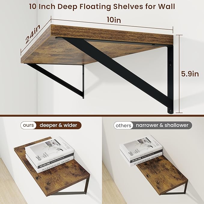 Axeman Deep Floating Shelves | 24 Inch Brown Wall Shelves Set of 2 | 10 Inch Deep Wood Floating Shelves for Wall | 24" W x 10" D Rustic Brown Shelves for Living Room Bathroom Kitchen