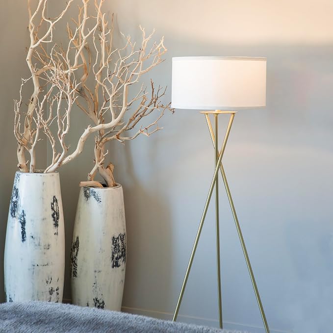Brightech Jaxon LED Floor lamp, Modern Lamp for Living Rooms & Offices, Tall Lamp with Contemporary Drum Shade, Gold Tripod Standing Lamp for Bedroom Reading, Great Living Room Decor - Brass