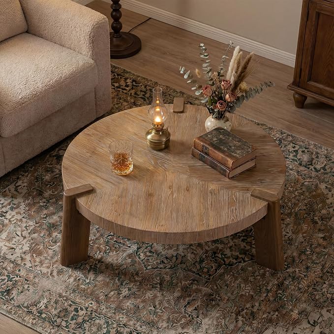 36.6" Round Coffee Table – Rustic Solid Wood & MDF Coffee Tables, Herringbone Design, Mid Century Modern Center Table with Tapered Legs, Natural Distressed Finish for Living Room, Natural Wood