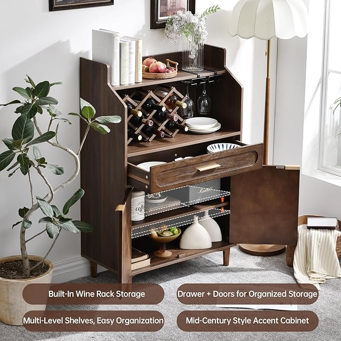 40" Vintage Bar Cabinet with Wine Rack and Glass Holder, Carved Wood Double Doors, Wide Storage Drawer & Adjustable Shelves for Home Bar, Living Room or Dining Room