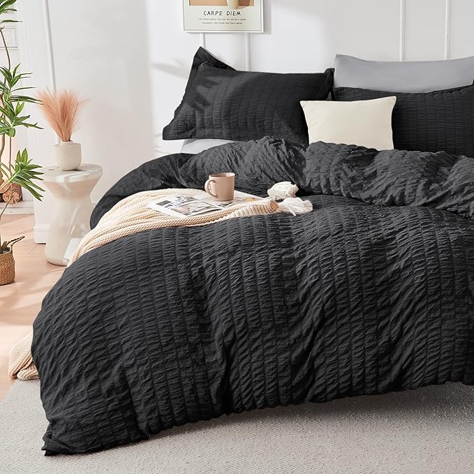 HYMOKEGE Black/Light Grey Twin XL Comforter Set Seersucker 5 Pieces, All Season Luxury Bed in a Bag for Bedroom, Bedding Set with Comforter, Sheets, Pillowcase & Sham