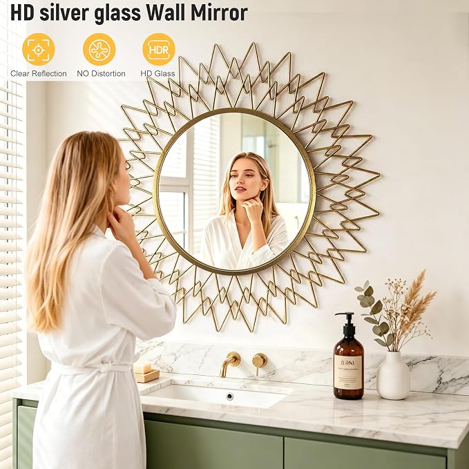 Large Sunburst Wall Mirror 36" - Vintage Gold Metal Frame Round Mirror for Wall - Mid Century Modern Statement Decorative Mirror for Living Room, Entryway, Fireplace Mantel