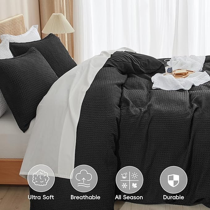 PHF Waffle Weave Duvet Cover Set California King, No Snagging Ultra Soft Luxury Textured Breathable Comforter Cover for All Season 3pcs, Durable Bedding Duvet Set with 2 Pillow Shams, 104"x98", Black