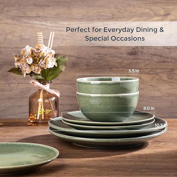 AmorArc Ceramic Dinnerware Sets for 6, 18 Pieces Handpainted Plates and Bowls Set, Scratch Resistant Stoneware Dishes Set, Dishwasher & Microwave Safe, Jade Green