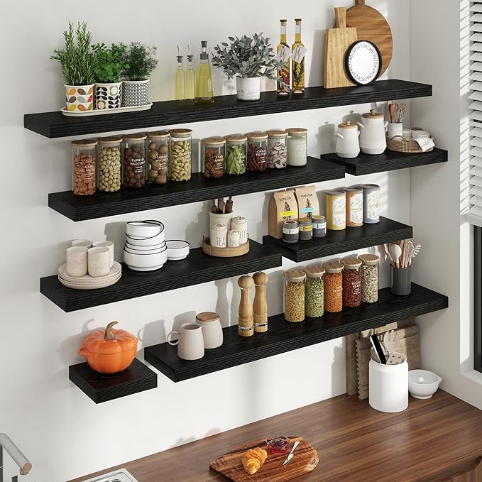 40 Inch Floating Shelves for Wall, 8 Inch Deep Floating Shelf for Storage & Display, Rustic Wall Mounted Shelf with Invisible Brackets for Living Room, Kitchen, Bathroom, Home Decor, Set of 2, Black