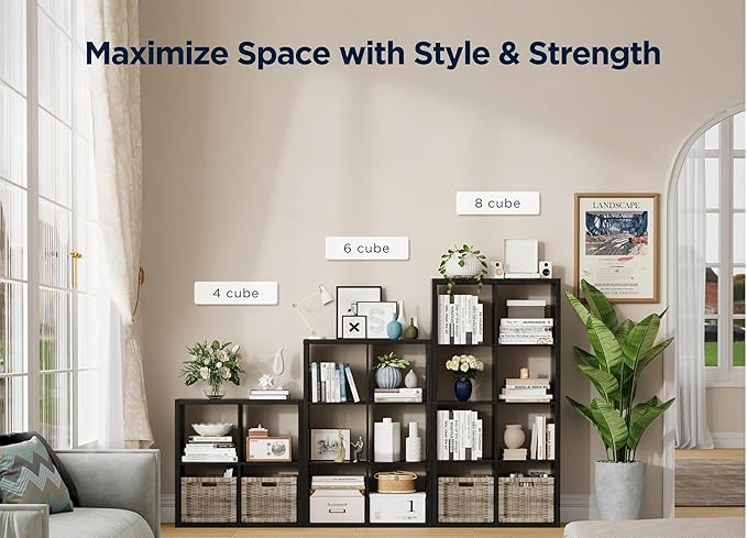 Black 8-Cube Storage Organizer Shelf – Heavy-Duty Engineered Wood, Easy Assembly, 25.12" L x 9.37" W x 48.74" H, for Living Room, Bedroom & Office