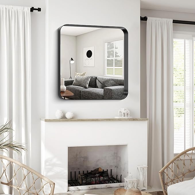CIRCUMI Black Bathroom Mirror, 30"x30" Rectangular Mirror with Deep Metal Frame, Rounded Corner, Tempered Glass, Square Mirror for Wall, Oversink, Bedroom, Living Room, Vanity, Entryway, Crystal-Clear