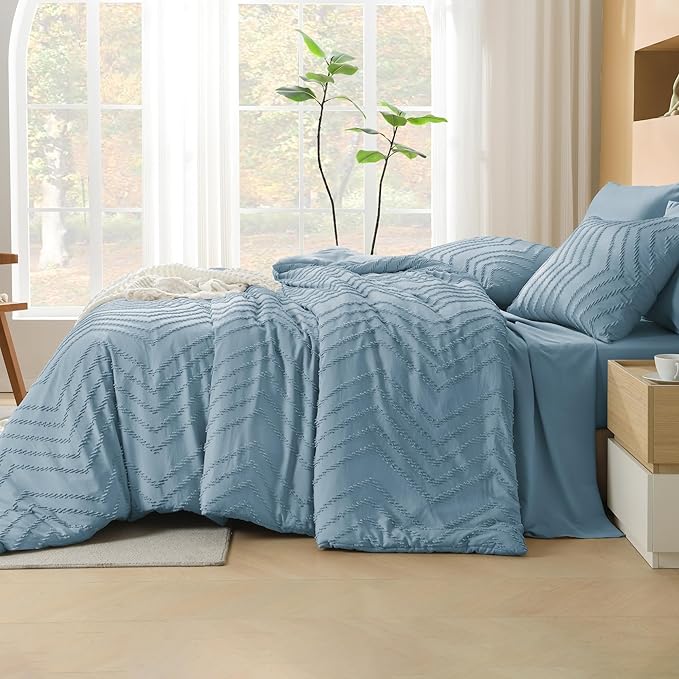 Litanika Super King Plus Size Comforter Set with Sheets Grayish Blue - 7 Pieces Bed in a Bag Oversized King Boho Tufted Complete Bedding Sets with Comforter, Sheets, Pillowcases & Shams