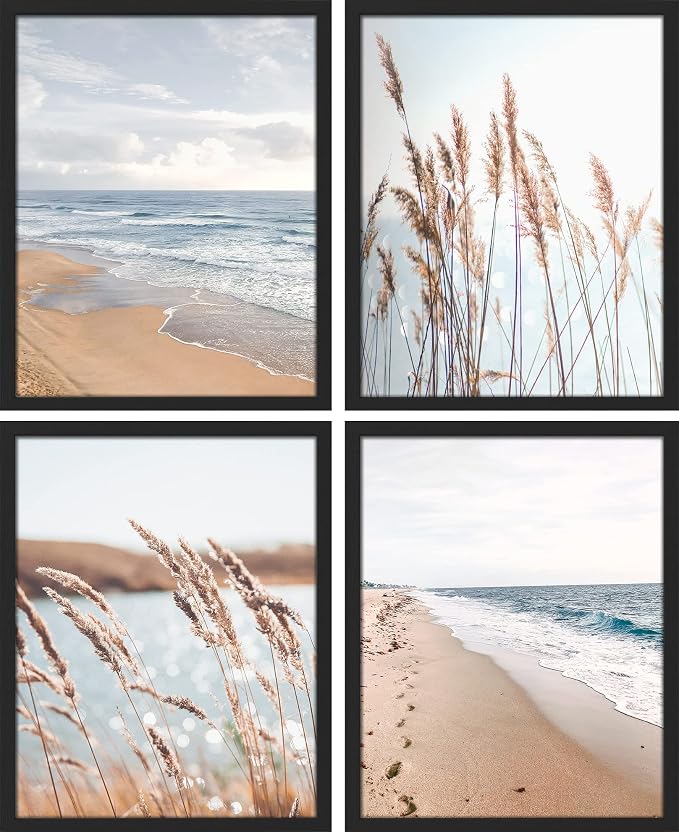SIGNWIN Framed White Beach Grass Cloudy Ocean Sea Wave Horizon Wall Art, Set of 4 Landscape Colorful Wall Decor Prints, Nature Wilderness Wall Décor for Living Room, Bedroom - 12"x16" Black