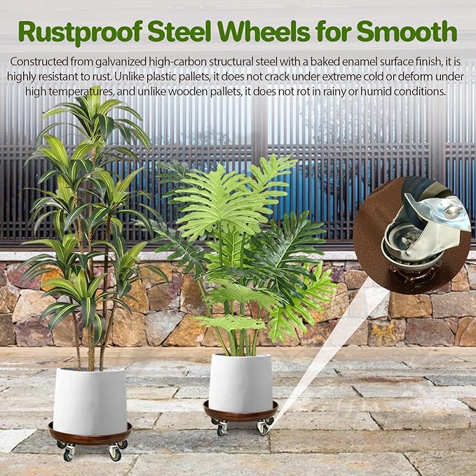 Plant Saucer 12" Rolling Plant Caddy Rolling Plant Stand with Wheels – Heavy Duty Metal, Locking, Sturdy, Rust-Resistant Finish, and Easy to Move, 310 lb Capacity, 2 Pack