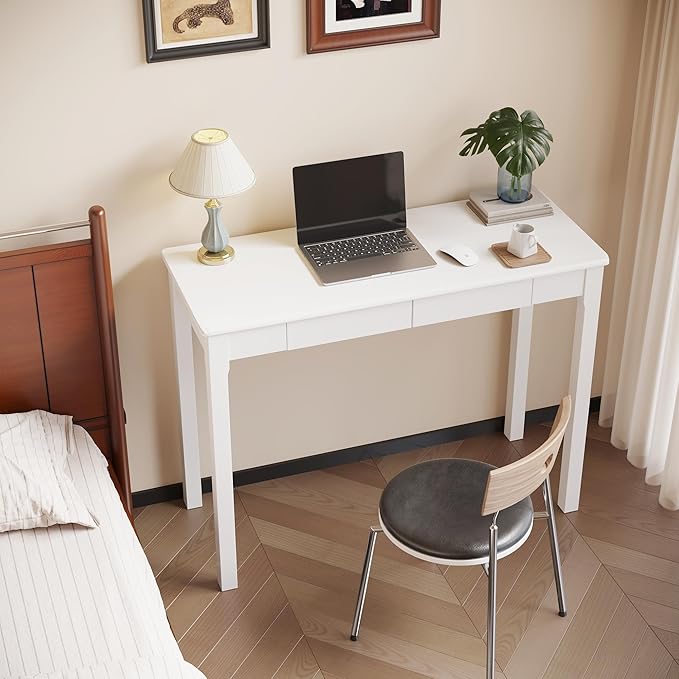 Wood Desk with Drawers - Solid Wood Mid Century Modern Desks for Bedroom, Small Computer Desk for PC, Laptop, Study, Makeup, 39.4 W x 29.5 H x 15.75 D in, White