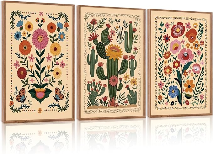HLNIUC Vintage Flower Framed Canvas Wall Art,Colorful Desert Cactus Flowers Wall Decor Set of 3(24”x36”) Botanical Floral Butterfly Wall Painting,Large Desert Plant Art Print for Living Room,Office