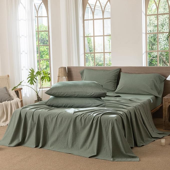 MooMee Bedding Sheet Set 6Pcs 100% Washed Cotton Linen Like Textured Breathable Durable Soft Comfy (Heathered Green, Queen)