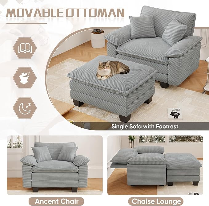 Chaise Lounge Chair Indoor, Oversized Accent Chairs with Ottoman, Luxury Corduroy Upholstered Deep Seat Sleeper Sofa Reading Chairs and A Half with Pillows for Living Room, Bedroom, Apartment, Grey