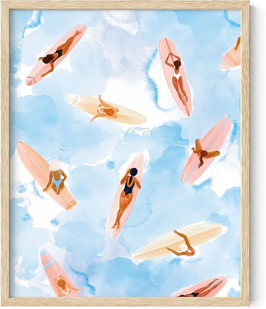 HAUS AND HUES Surfing Beach Wall Art - Watercolor Surfboard Picture, Coastal Tropical Decor (Beige Frame, 16x20)