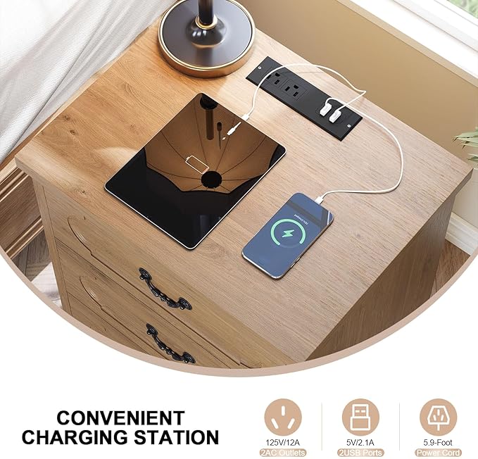 LIDYUK 3 Drawer Dresser for Bedroom Farmhouse Natural Wood Chest of Drawers Bedroom Dresser with Charging Station, Rustic Small Drawers Dressers Nightstand Wooden Closet Storage Cabinet, Living Room