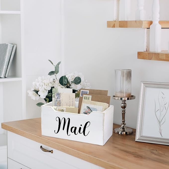 Elegant Designs HG2010-WMB Rustic Farmhouse Wooden Tabletop Black Script Word Mail Organizer Box, Letter Holder Office Accessories Decor, White Wash