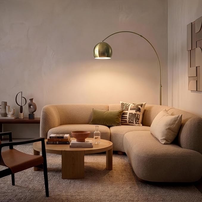 Brightech Olivia Floor Lamp - Chic Arc Lamp with Rounded Spolight Head and Marble Base for Living Room, Tall Standing Lamp with LED Light Bulb for Bedroom Reading, Boho Home Decor for Office - Brass