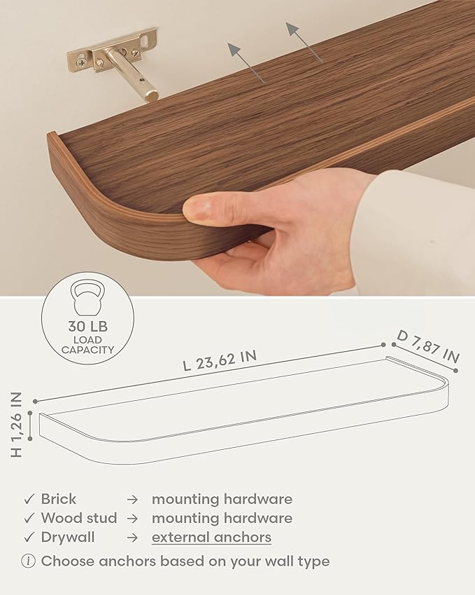 Kazai.® 23.6 inches Floating Shelves for Wall 'Toke' | Set of 2 Small Mounted Wooden Shelf Units | Modern Wall Decor & Storage for Living Room, Bathroom, Kitchen, Bedroom & More | Walnut