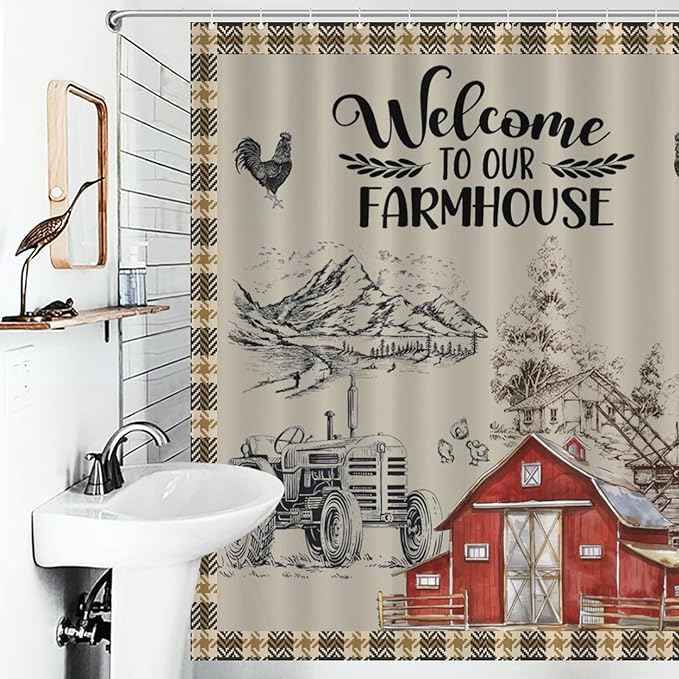 Farmhouse Animal Cabin Shower Curtains Rustic Plaid Buffalo Barn Rooster Waterproof Shower Curtains for Bathroom Decor 12 Pack Hooks 66x72in（168x183cm）