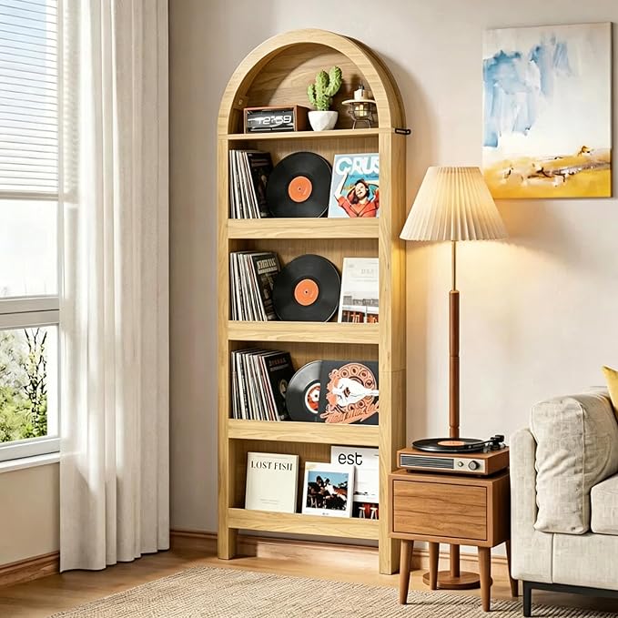 Narrow Tall Wall Mounted Bookshelf for Living Room Bedroom (Light Wood)