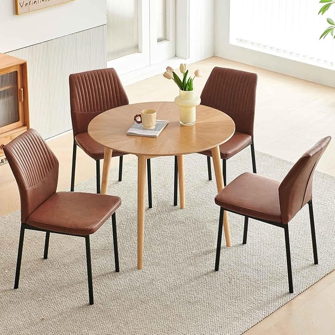 Small Dining Table Set for 4, Modern Round Dining Table with 4 PU Leather Dining Chairs in Metal Legs, Breakfast Nook for Compact Spaces, Brown
