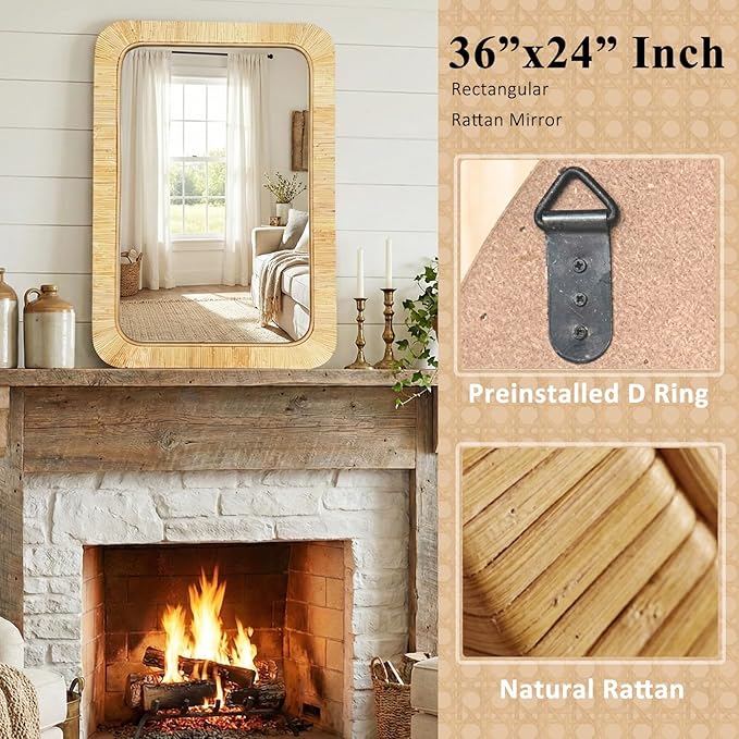 Rattan Rectangular Mirror 24x36, Boho Decorative Wall Mirror for Bathroom, Farmhouse Vanity Mirror for Nursery, Bedroom, Living Room Decor, Nursery & Children's Room