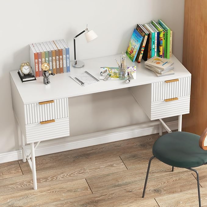 Tangkula White Desk with 4 Drawers, 48 Inch Home Office Desk with Storage, Modern Computer Desk Study Writing Desk with Metal Frame for Bedroom, Study, Office