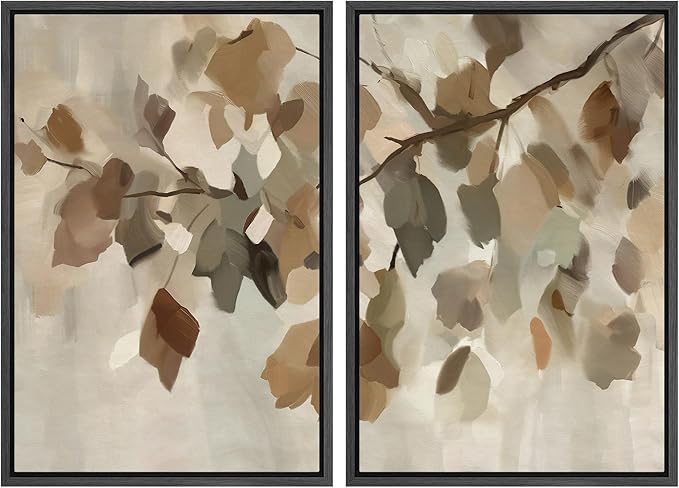 MUDECOR Framed Canvas Print Wall Art Set Abstract Leaf Branch Minimalist Nature-Inspired Beige and Brown Calm/Zen for Living Room, Bedroom, Office - 16"x24"x2 Black