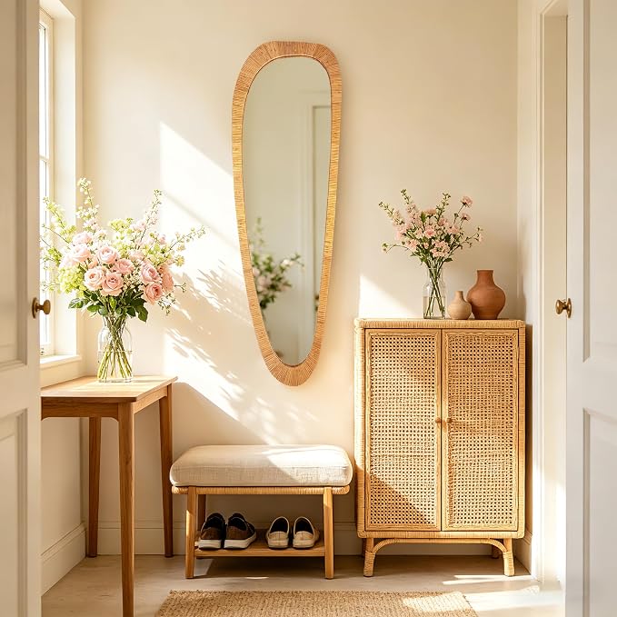 BAODANFU Irregular Natural Rattan Mirror, 18×53 Inch Full Length Wall Mirror, 4-Way Handwoven Decorative Asymmetrical Mirrors, Boho Rustic Decor for Entryway Bedroom Living Room Home