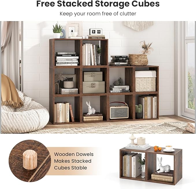 2 Stackable Cubes Bookcase, Wooden Cubby Storage Organizer with Anti-Tipping Device, Small Book Shelf for Small Space, Combination Square Bookshelf Cubes (2, Rustic Brown)