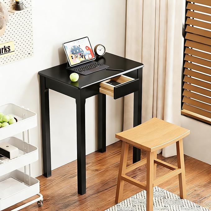 Solid Wood Desk with Drawers - 24 x 16 Inch Simple Narrow Desks, Rubber Wood Study Table, Small Writing Desk for Small Spaces|Bedroom - Modern Black Desks