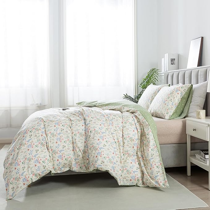 HoneiLife Duvet Dover King Size - 100% Cotton Bedlinen Set, Floral Comforter Cover with Zipper Closure & Corner Ties, 3-PC Wildflower Comforter Cover Sets
