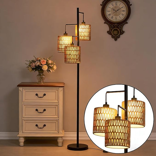 Maxax 65" Boho Rattan Floor Lamp for Living Room, 3 Lights Farmhouse Tree Standing Lamp with Rattan Shades, Multi Head Vintage Tall Floor Lights for Bedroom, Living Room, Office
