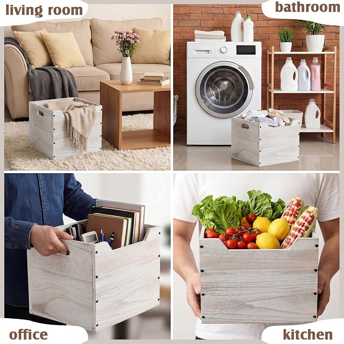 Colingmill 2 Pack Wooden Storage Box Bins Wood Crate with Open Front Stackable Cube Storage Organizer Bins for Books Records Home Pantry Clothes Toy Closet (11 Inch,White)
