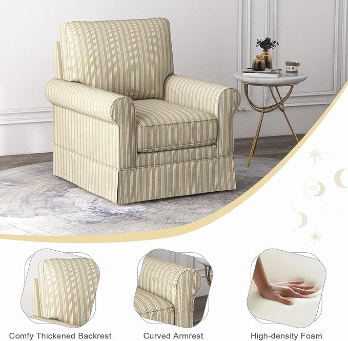 INZOY Swivel Accent Chair Linen Mid Century Modern Chair, Comfy Swivel Barrel Reading Chair, Upholstered Square Chair for Living Room Bedroom Small Spaces, Fully Assembled, Brown Stripe