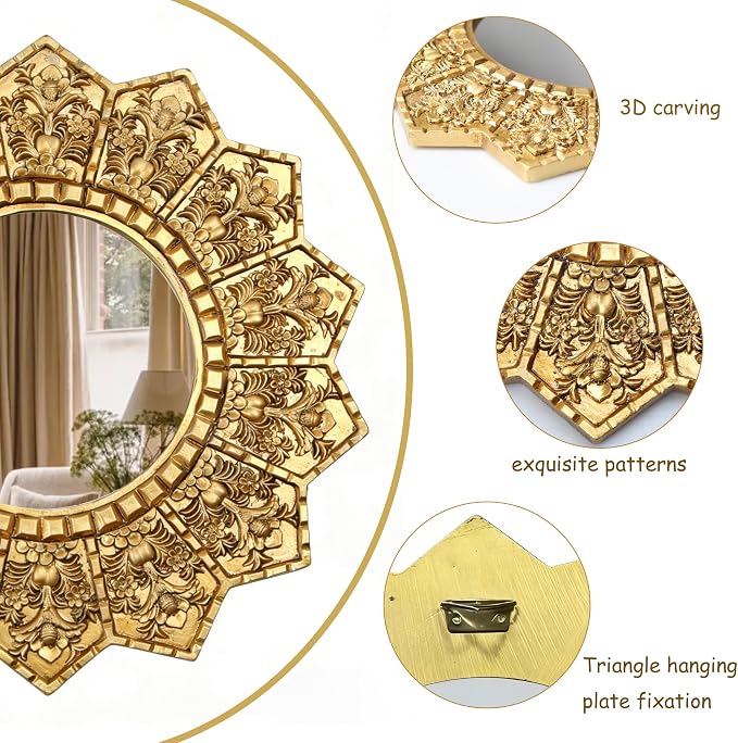 Vintage Gold Round Sunburst Mirror,with Exquisite Relief Elegant Wall Decor,Resin Decorative Mirrors Suitable for Gallery Living Rooms(Gold 12")